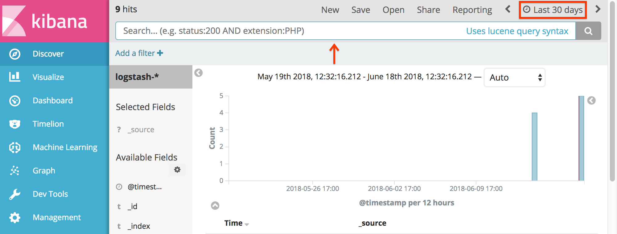 Kibana UI Discover tab